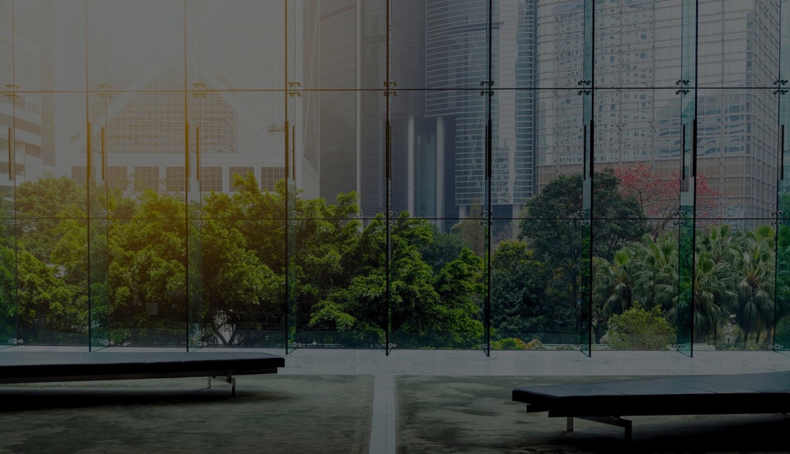 Glass-walled atrium overlooking city towers and a green park — Asset Owners Africa